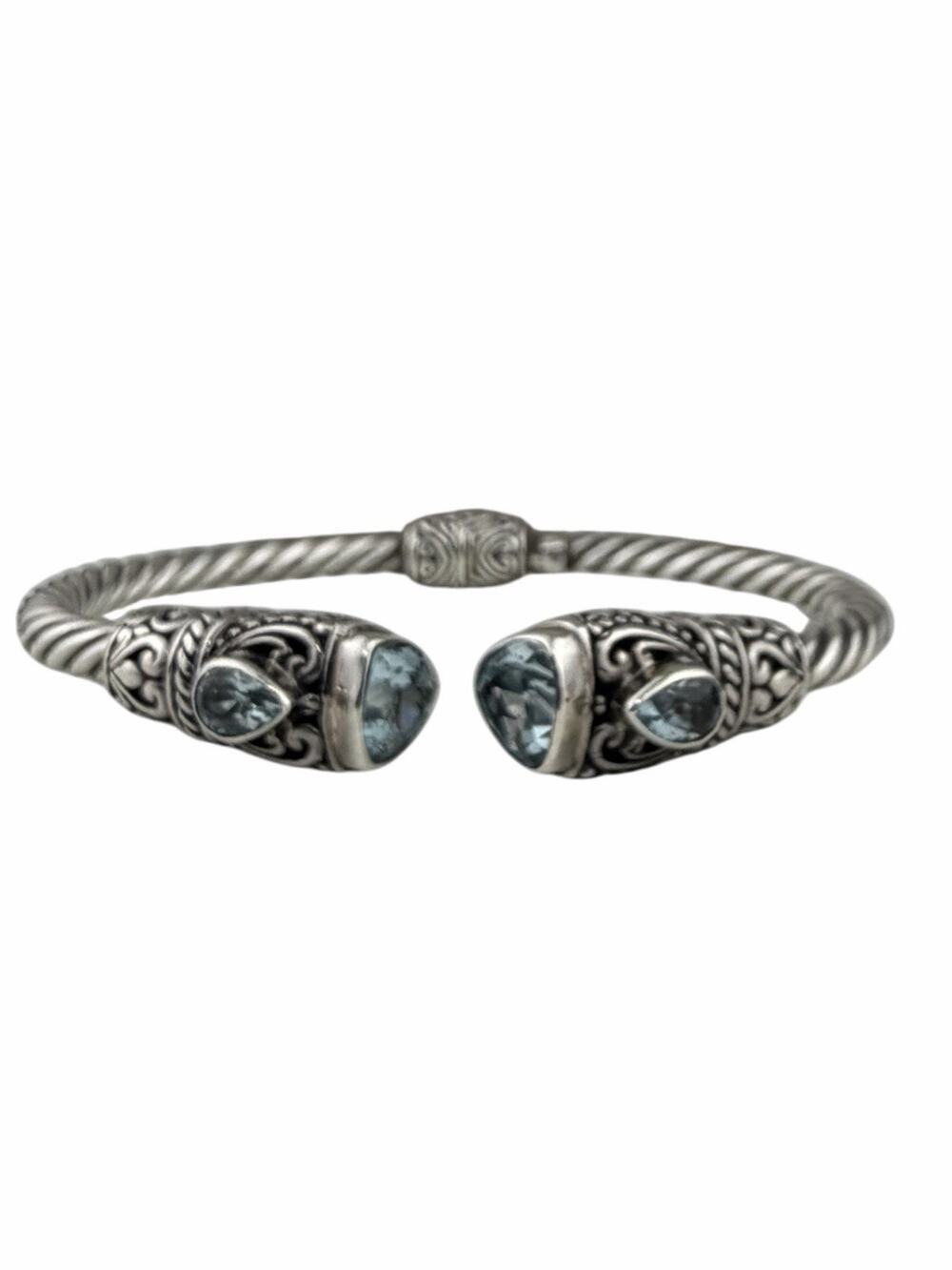ATI Bali Style Hinged Cuff Rope Sterling Silver Bracelet Blue Topaz